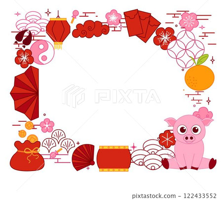Chinese new year 2031 pig. Lunar lantern festival banner with oval place for show product. Greeting card. China frame with lantern vector graphic line Chinese new year 2031 pig. Lunar lantern festival banner with oval place for show product. Greeting card. China frame with lantern vector graphic line 122433552