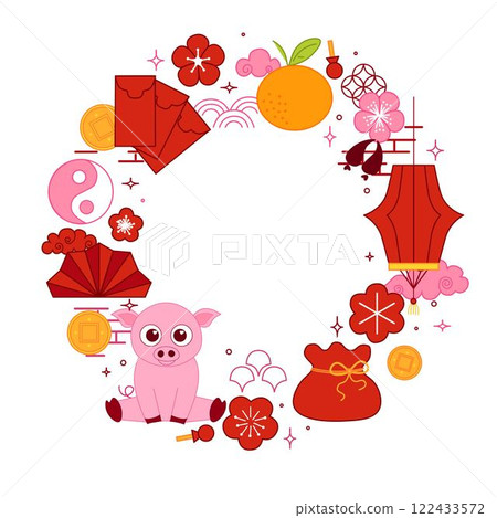 chinese new year 2031 pig circle round frame traditional decoration. Vector border, frame, window. asia, oriental, japan, korea, clip art set. retro graphic, pattern, ornament. chinese new year 2031 pig circle round frame traditional decoration. Vector border, frame, window. asia, oriental, japan, korea, clip art set. retro graphic, pattern, ornament. 122433572