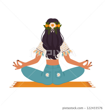 girl in boho outfit in lotus position back view isolated on white background flat illustration 122433576