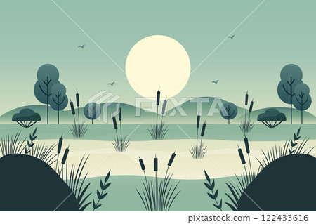 flat vector illustration depicting swampy area with reeds in moonlight flat vector illustration depicting swampy area with reeds in moonlight 122433616