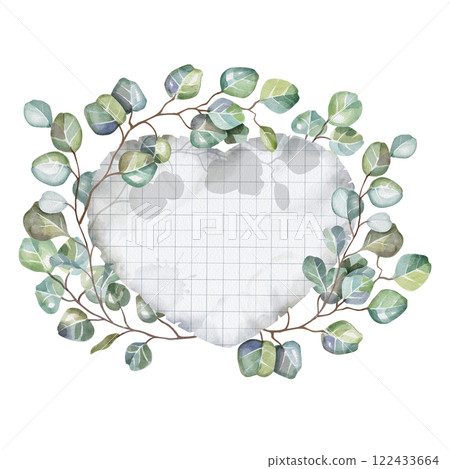 Paper heart from a sheet of a school notebook in a cage with eucalyptus branches. For greeting cards for Valentine's Day or March 8, romantic cards, declarations of love. First love and student years. 122433664