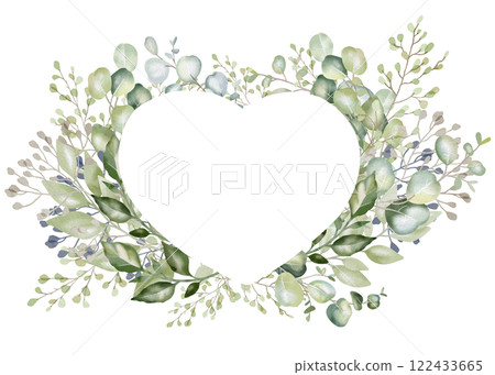 Empty heart-shaped frame adorned with eucalyptus branches. Perfect for Valentine's Day or Women's Day greetings, romantic postcards, business cards, wedding invitations, and anniversary celebrations. Empty heart-shaped frame adorned with eucalyptus branches. Perfect for Valentine's Day or Women's Day greetings, romantic postcards, business cards, wedding invitations, and anniversary celebrations. 122433665