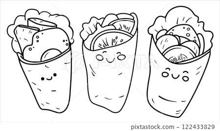 set of cute roll illustration. funny character, street food. kebab 122433829