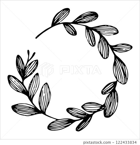 wreath of branches and leaves. simple illustration in sketch style 122433834