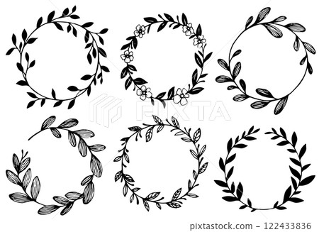 set of wreaths made of branches and leaves. simple illustration in sketch style 122433836