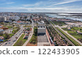 Modern Portuguese oceanfront town of Faro overlooking theater, filmed by drone. Algarve. Ria formosa in background. 122433905