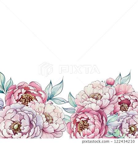 Delicate floral patterns flourish in soft watercolor tones, showcasing elegant peonies surrounded by gentle green leaves in serene beauty template, background 122434210