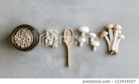 Mushroom superfoods and adaptogens in modern nutrition. Functional powders, plant-based supplements, and immune-boosting health trends. 122434507