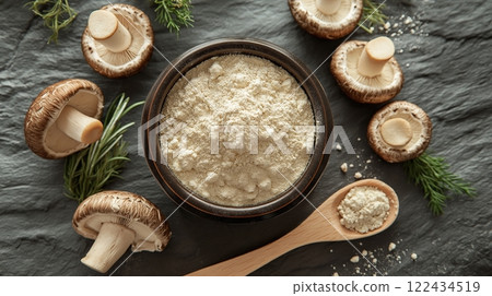 Mushroom superfoods and adaptogens in modern nutrition. Functional powders, plant-based supplements, and immune-boosting health trends. 122434519