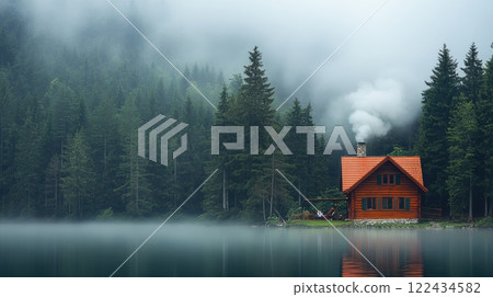 A warm wooden cabin with smoke rising from the chimney, nestled by a misty lake in a dense green forest, offering a tranquil digital detox retreat. A warm wooden cabin with smoke rising from the chimney, nestled by a misty lake in a dense green forest, offering a tranquil digital detox retreat. 122434582