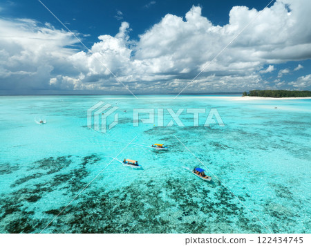 Aerial view of colorful boats and yachts in transparent water 122434745