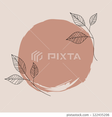 A deep terracotta round shape with black leaves surrounding the edges, emphasizing bold contrast and balance. 122435206