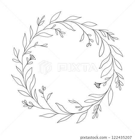 A delicate circular wreath with thin branches, small leaves, and floral accents. Perfect for wedding designs, invitations, or logos. 122435207