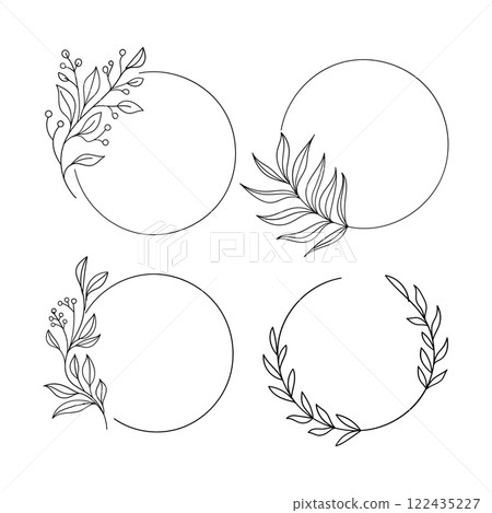 A simple set of circular frames adorned with small, scattered botanical elements. Perfect for creating minimalist designs or nature-inspired branding. 122435227