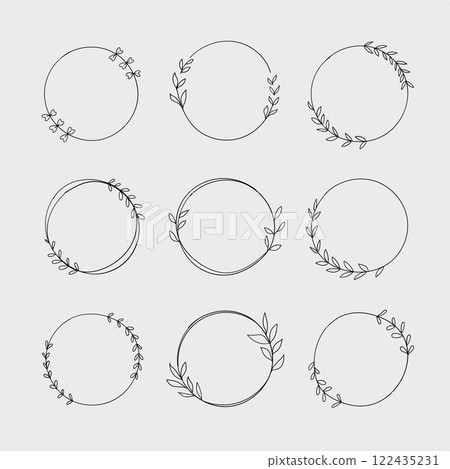A versatile set of minimal circular frames with botanical embellishments. Perfect for DIY designs or branding. 122435231