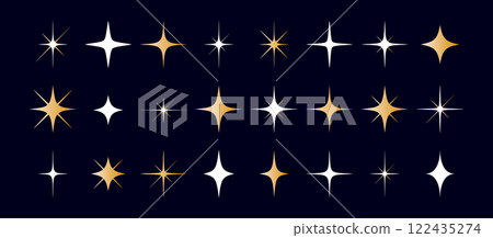 Stars set, sparkle icons collection. Set star abstract shapes. Template for design poster, card, banner. Vintage graphic set of star, light rays. Hand drawn design elements. Vector Illustration 122435274