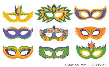 Hand drawn masks for Mardi Gras carnival. Collection of flat style fat Tuesday masks with feathers 122435343