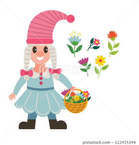 Cute spring garden girl gnome with basket with flowers and cute hat 122435349