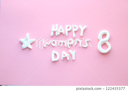 Happy Womens Day greeting card text on pink Background. 122435377