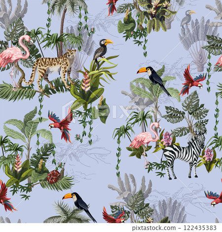 Seamless pattern with jungle animals, flowers and trees. Vector. 122435383