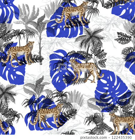 Seamless pattern with leopard and tropical landscape. Vector. 122435390