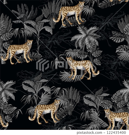 Seamless pattern with leopard and tropical landscape. Vector. 122435400