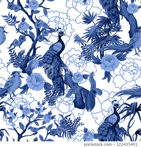 Seamless pattern in chinoiserie style with peacock, birds and peonies in blue color. Vector, Seamless pattern in chinoiserie style with peacock, birds and peonies in blue color. Vector, 122435401