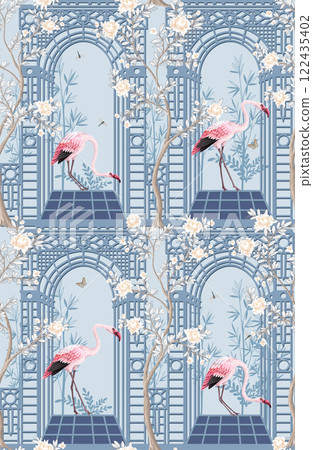 Seamless pattern with flamingos, peonies and alcove in chinoiserie style. Vector. Seamless pattern with flamingos, peonies and alcove in chinoiserie style. Vector. 122435402