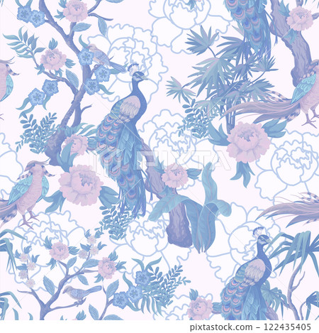 Seamless pattern in chinoiserie style with peacock, birds and peonies in blue color. Vector, 122435405