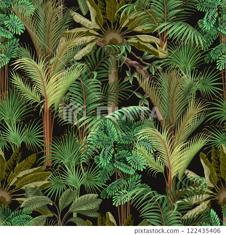 Seamless pattern with different palm trees. Tropical vector. 122435406