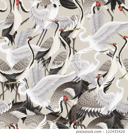 Seamless pattern with dancing crenies and herons. Vector. Seamless pattern with dancing crenies and herons. Vector. 122435420
