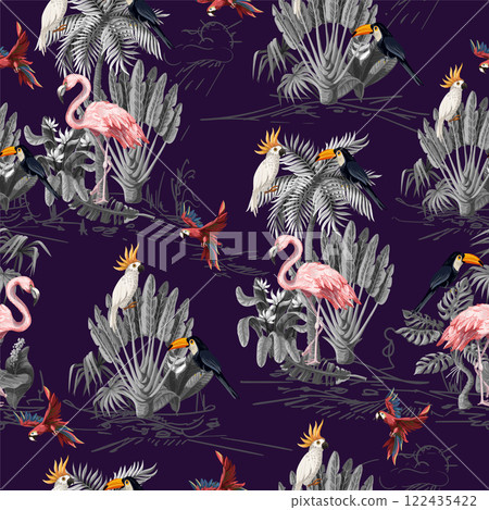 Seamless pattern with jungle animals, flowers and trees. Vector. Seamless pattern with jungle animals, flowers and trees. Vector. 122435422