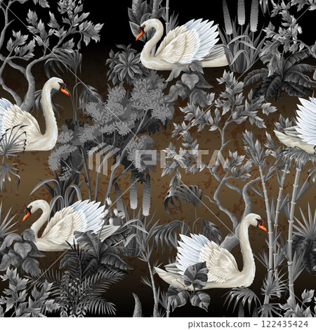 Seamless pattern with white swans and plants on the dark gold background. Vector. 122435424