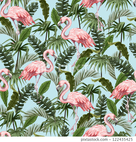 Seamless pattern with flamingo and tropical leaves. Vector. 122435425