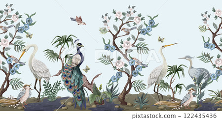 Border in chinoiserie style with herons, peacock and peonies. Vector. 122435436