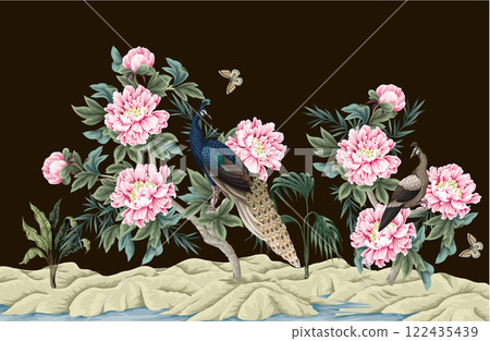 Mural with Chinese peonies and peacocks. Vector. Mural with Chinese peonies and peacocks. Vector. 122435439
