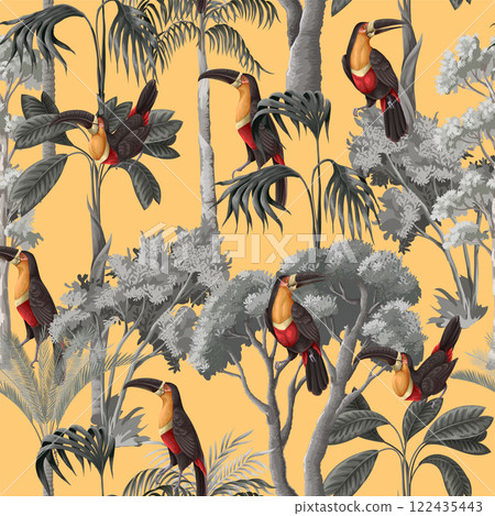 Seamless pattern with toucans and trees. Vector. 122435443