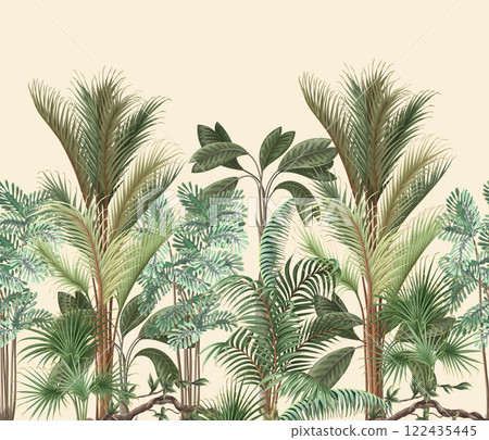 Border with different palm trees. Tropical vector. 122435445