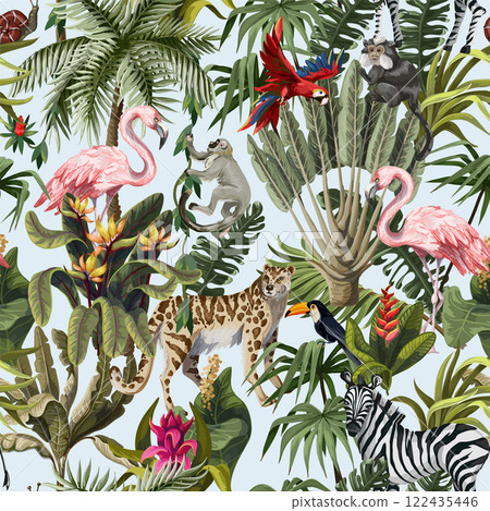 Seamless pattern with jungle animals, flowers and trees. Vector. 122435446