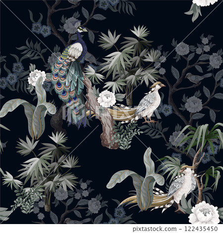 Seamless pattern in chinoiserie style with storks, birds and peonies. Vector, 122435450