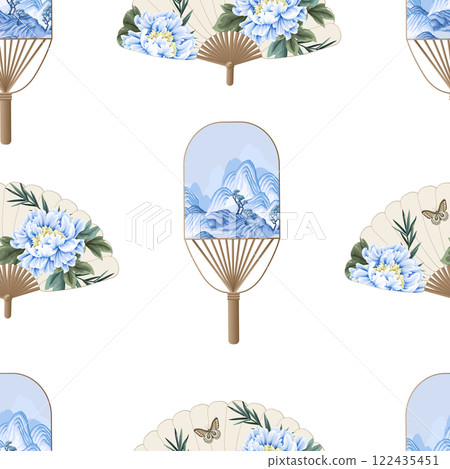 Seamless pattern with fans with Chinese mountanes, peonies and birds. Vector. Seamless pattern with fans with Chinese mountanes, peonies and birds. Vector. 122435451