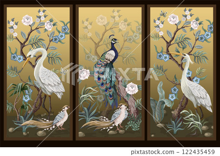 Folding screen in chinoiserie style with peacock and peonies on golden background. Vector. Folding screen in chinoiserie style with peacock and peonies on golden background. Vector. 122435459