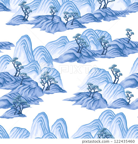 Seamless pattern with watercolour Chinese mountains. Vector. 122435460