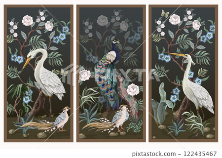 Folding screen in chinoiserie style with peacock and peonies 122435467