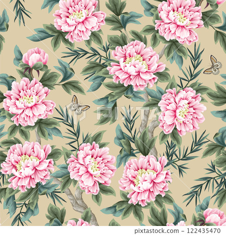 Seamless pattern with Chinese peonies and butterfly. Vector. 122435470