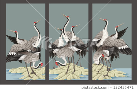 Chinoiserie wallpaper with peonies trees and dancing crenies. Vector. 122435471