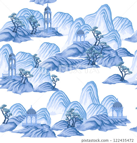 Seamless pattern with watercolour Chinese mountains. Vector. Seamless pattern with watercolour Chinese mountains. Vector. 122435472