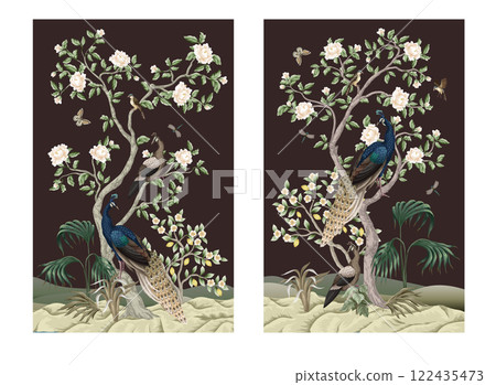 Chinoiserie mural with peacocks and flowers trees. Vector. Chinoiserie mural with peacocks and flowers trees. Vector. 122435473