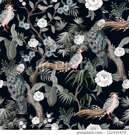 Seamless pattern in chinoiserie style with storks, birds and peonies. Vector, Seamless pattern in chinoiserie style with storks, birds and peonies. Vector, 122435479