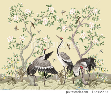 Chinoiserie wallpaper with peonies trees and dancing crenies. Vector. Chinoiserie wallpaper with peonies trees and dancing crenies. Vector. 122435484